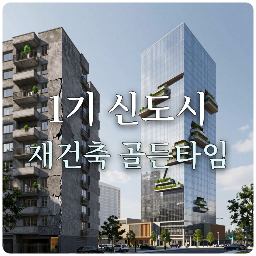 노후 아파트의 재건축 과정을 시각화한 도시 정비 이미지