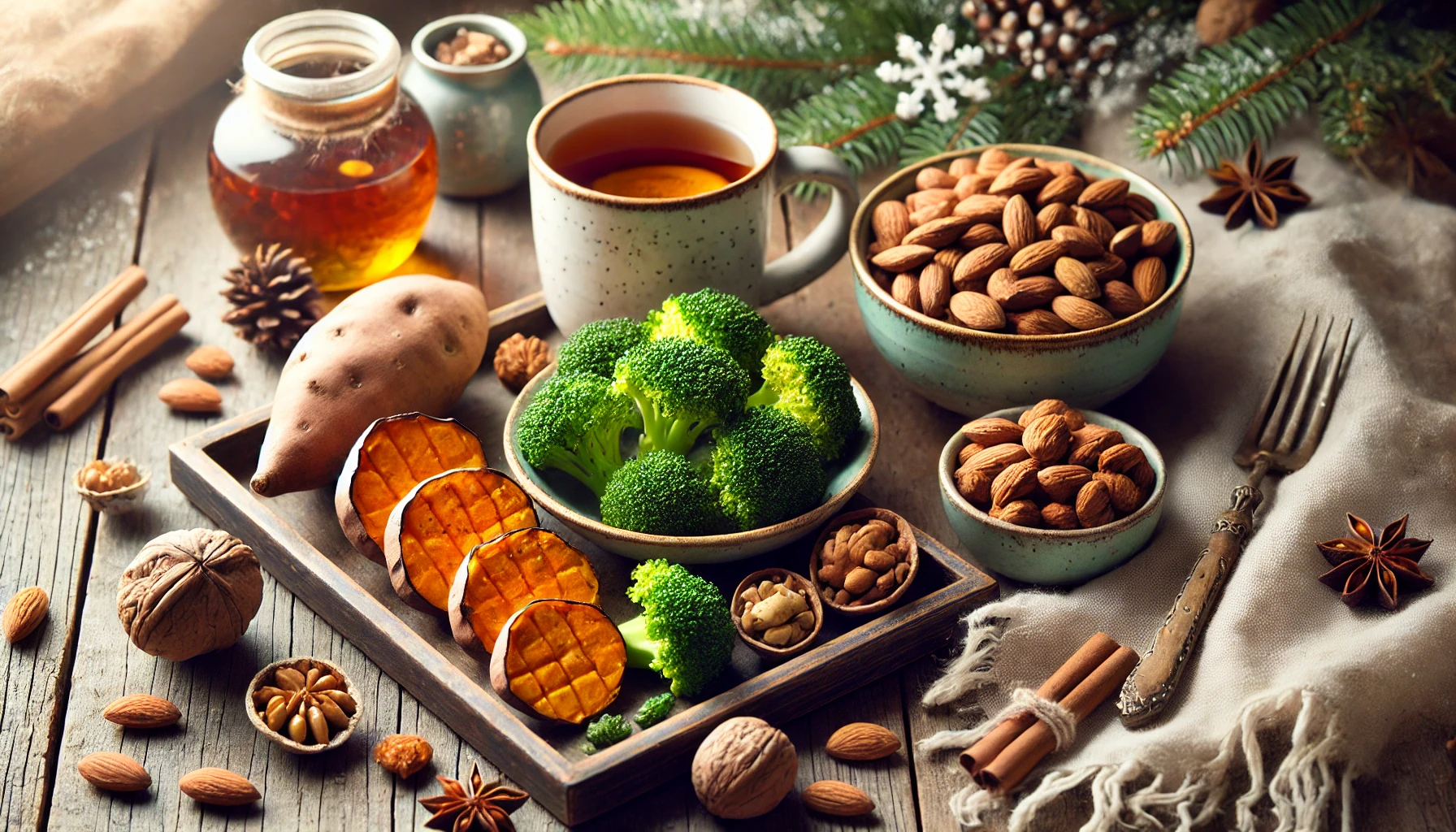 고구마, 브로콜리, 생강차, 견과류를 포함한 건강한 겨울 음식들