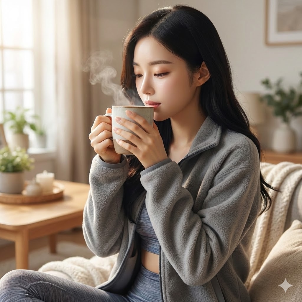 체온 유지를 위해 따듯한 물을 마시는 여성 사진