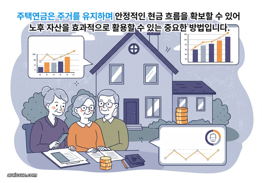 주택연금에 대해 이야기하는 노년 부부와 배경에 보이는 주택과 역모기지 구조를 설명하는 차트