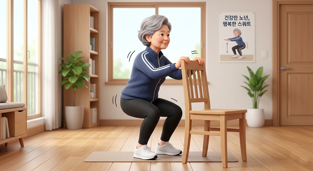 실내에서 의자를 잡고 안전하게 스쿼트를 하는 한국인 노인의 모습, 올바른 자세를 보여주는 깨끗한 3D 일러스트