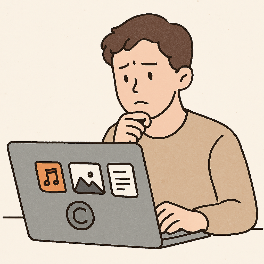 저작권에 대해 고민하고 있는 남성의 모습 이미지