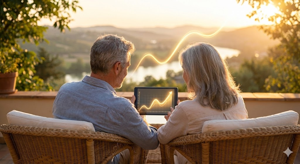 평온한 일요일 오후, 테라스에서 금빛 햇살을 받으며 투자 포트폴리오를 점검하는 여유로운 부부의 뒷모습