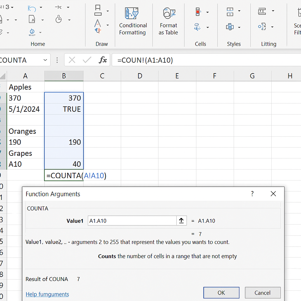 COUNTA 함수 단축키 관련 사진