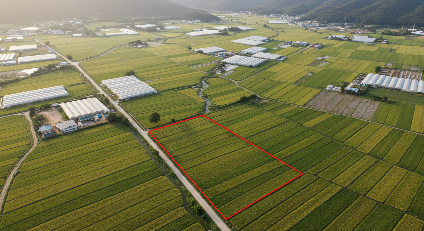 시골 논밭 항공뷰에서 특정 필지 강조, 농지 경매 분석용 참고 이미지