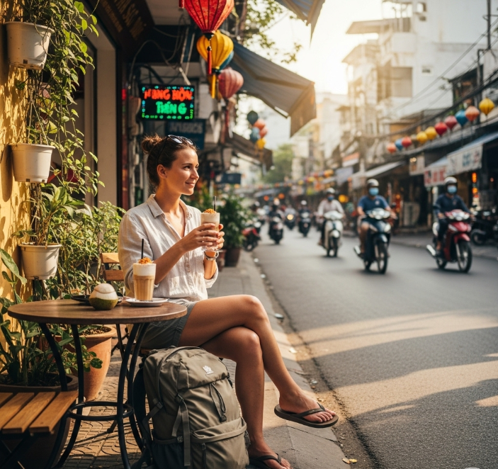 다낭의 한 길거리 카페 테라스에서 현지인처럼 여유롭게 코코넛 커피를 마시며 시간을 보내는 여행자의 모습