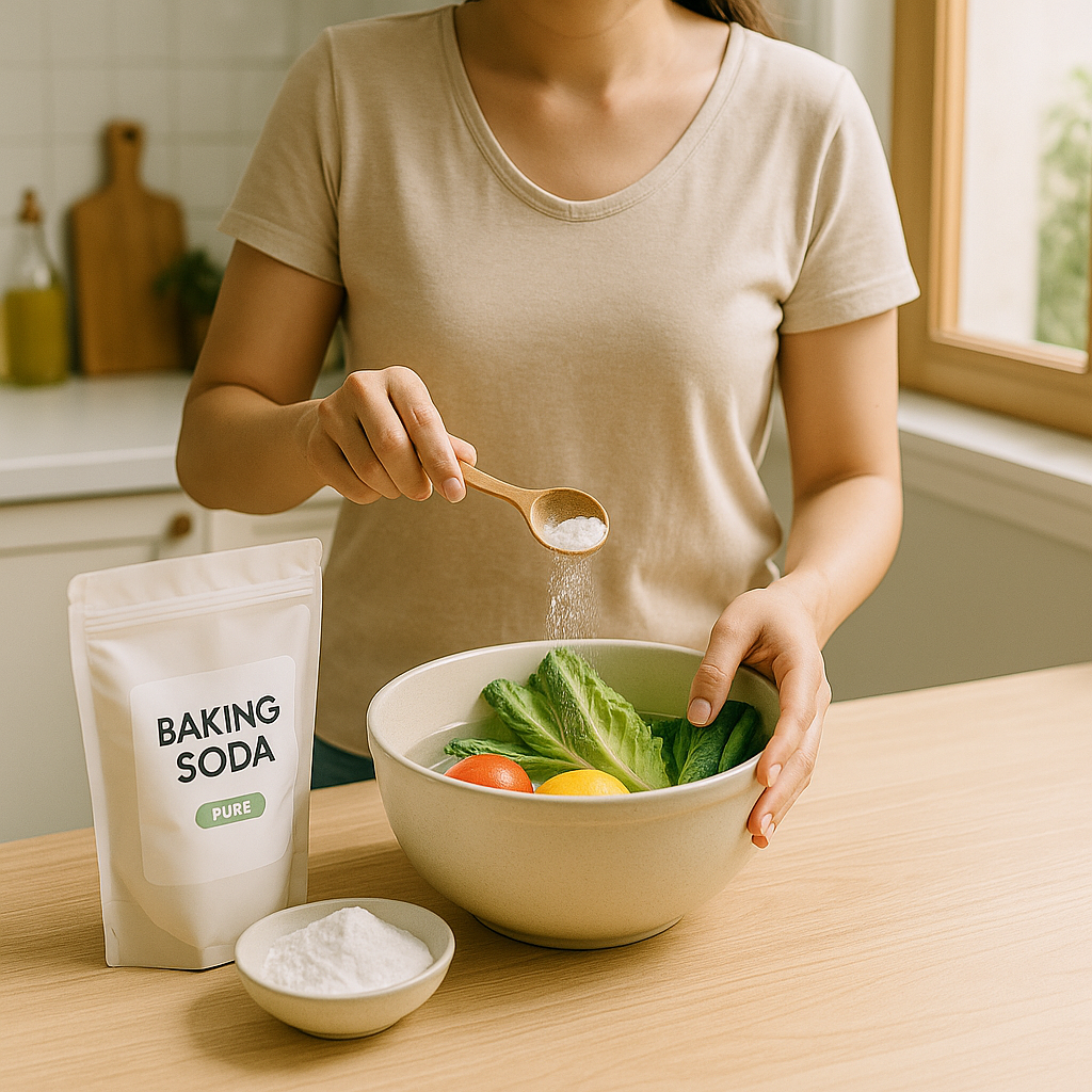 한 여성이 햇살 가득한 주방에서 식용 베이킹소다를 그릇에 덜어 채소를 세척하고 있는 장면. 옆에는 ‘PURE’라고 적힌 베이킹소다 포장과 작은 접시에 담긴 흰색 가루가 놓여 있음