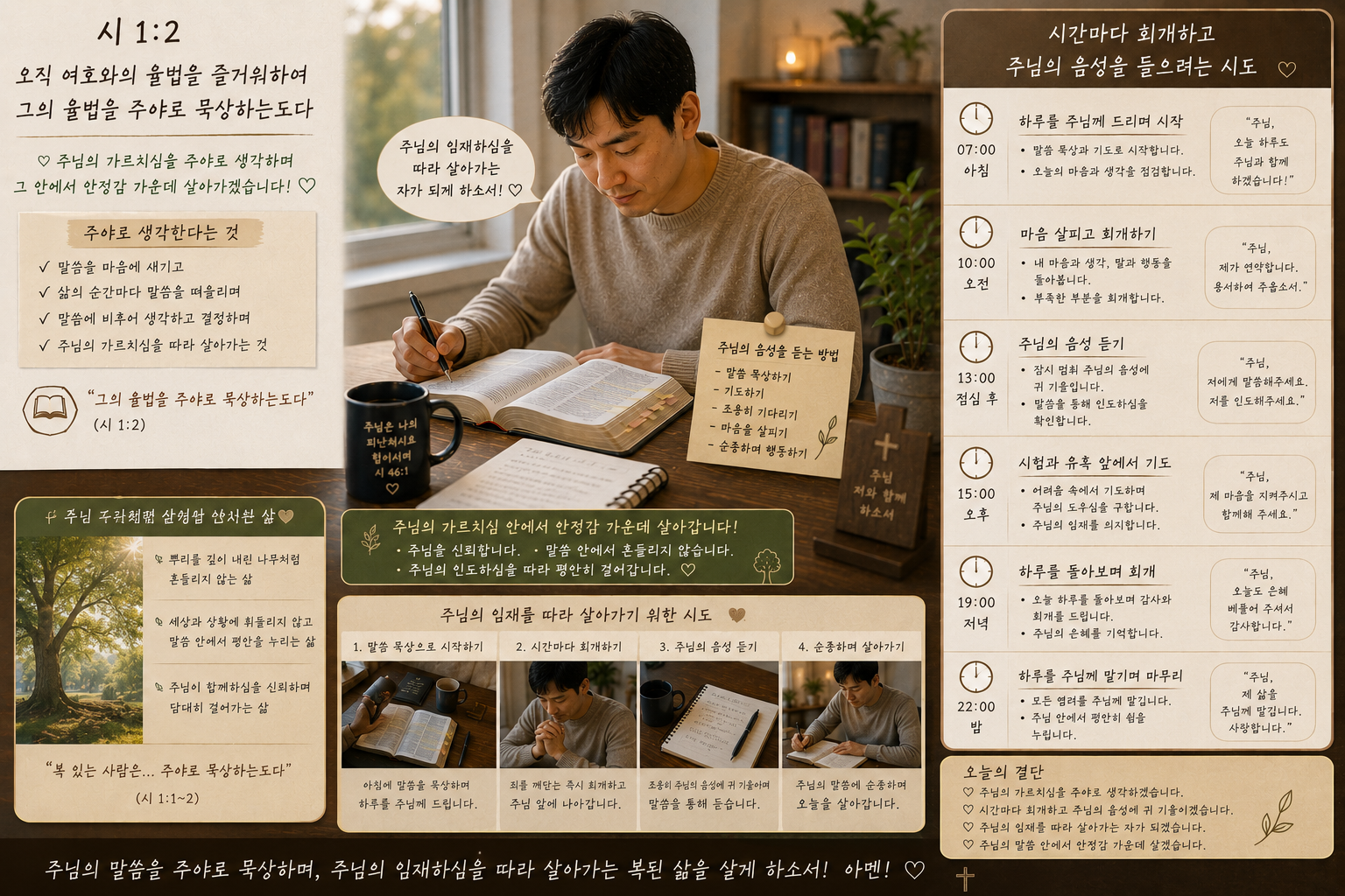 시 1:2 말씀에서 주님의 가르치심을 주야로 생각하며 그 안에서 안정감 가운데 살아가려는 자세를 갖고 주님의 임재하심을 따라 살아가는 자가 되길 기도합니다. 시간마다 회개하고 주님의 음성을 들으려는 시도를 하는 모습입니다.