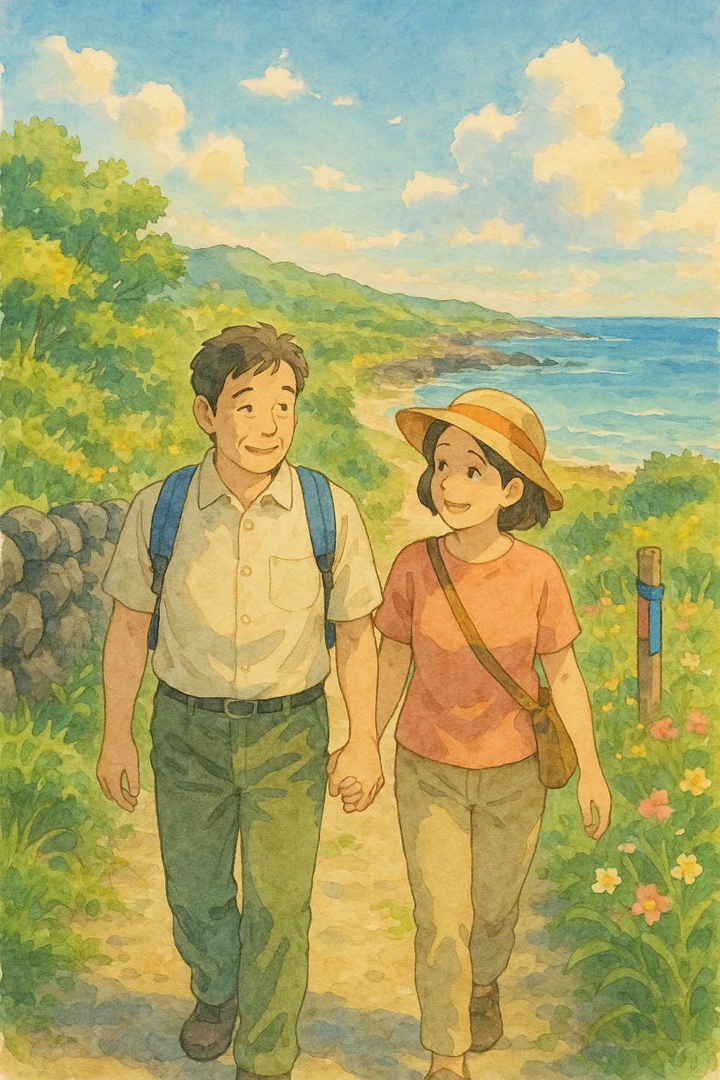 제주도 올레길을 걷는 중년 부부의 모습, 따뜻한 여름 오후, 지브리 스타일, 수채화 느낌