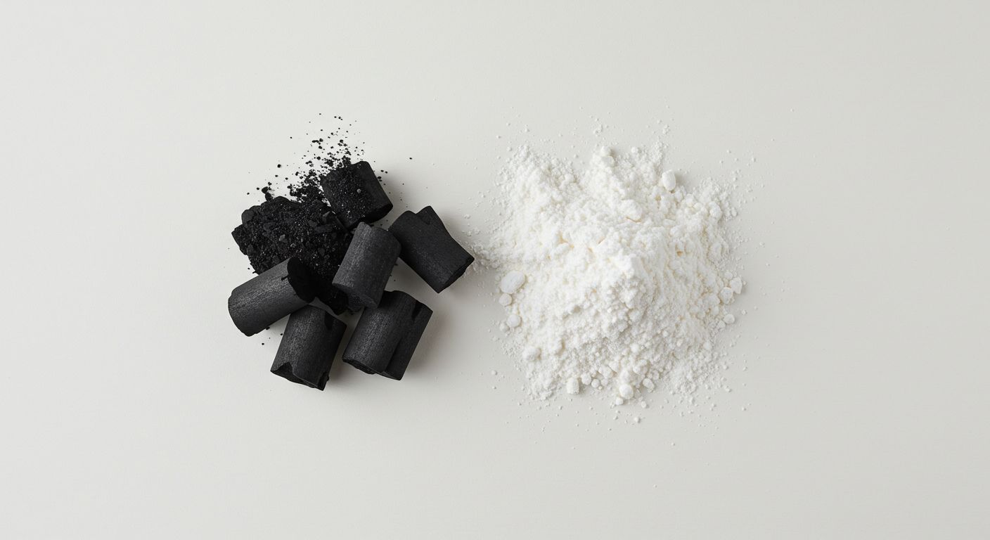 Activated Charcoal and EDTA Ethylenediaminetetraacetic acid on the table.