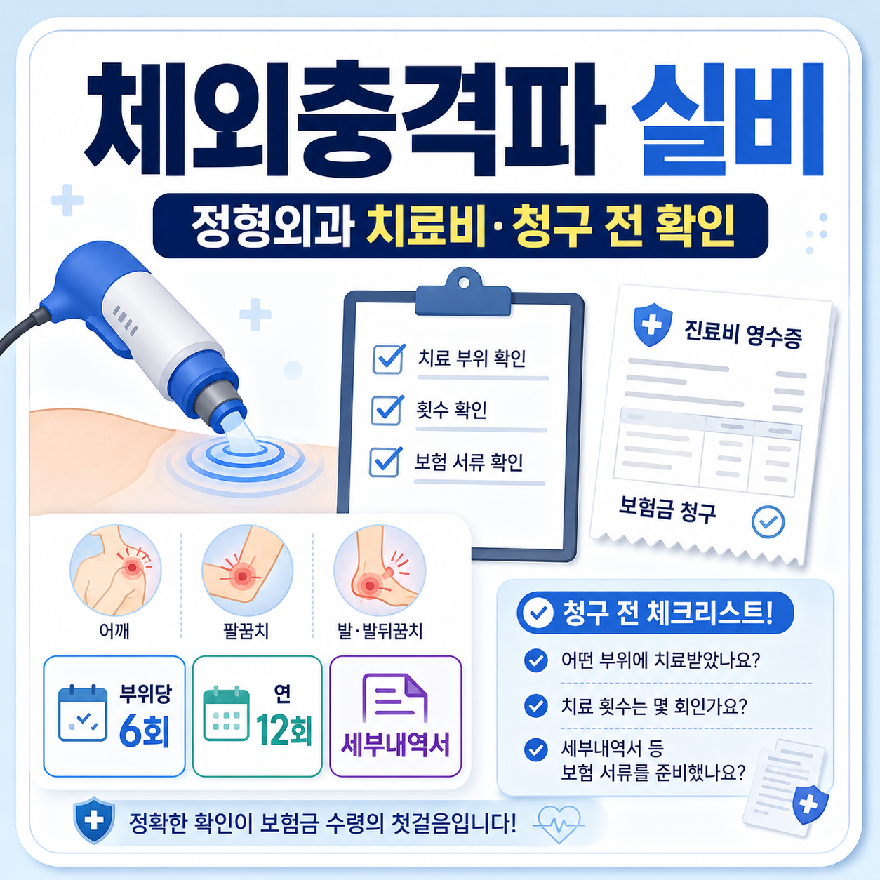체외충격파 실비 청구 전 치료 부위와 횟수 기준, 세부내역서 확인 항목을 정리한 카드형 대표 이미지
