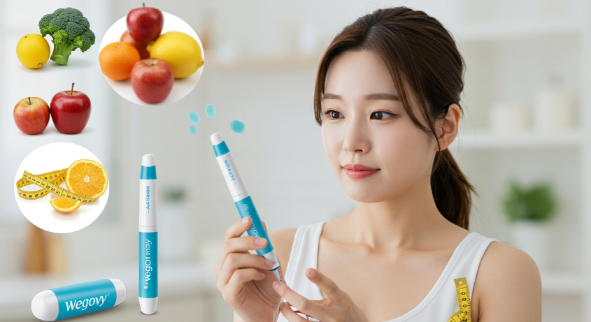 위고비 펜 주사기를 들고 비만 치료에 대한 기대와 염려를 동시에 표현하는 한국 여성