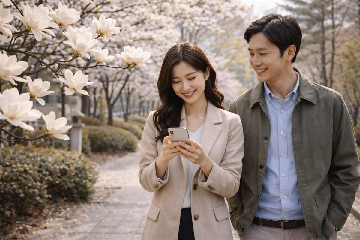 목련이 핀 봄길에서 함께 걷다 메시지를 보내는 커플 모습 