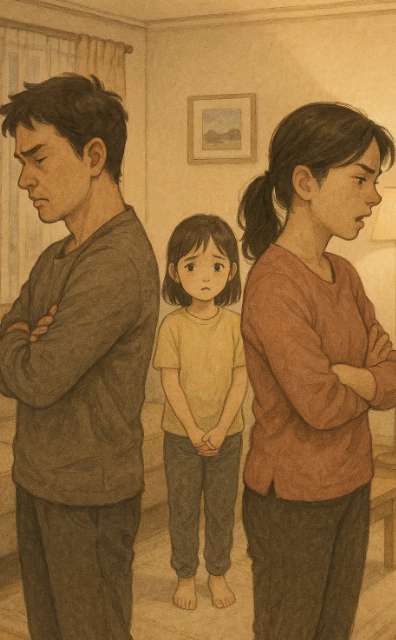 부모가 거실에서 다투고 있는 동안 걱정스러운 표정으로 지켜보는 어린아이의 모습