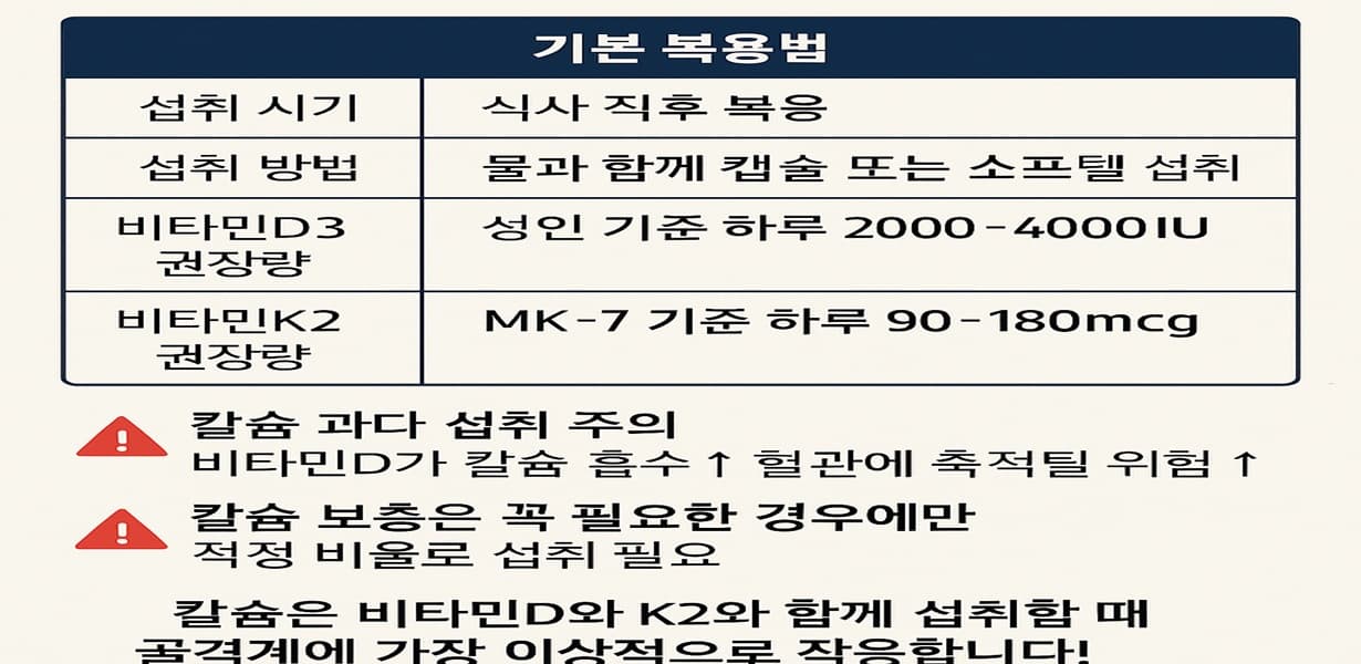 비타민D3와 비타민K2 복용법과 칼슘 과다 섭취 주의사항을 정리한 한국어 인포그래픽