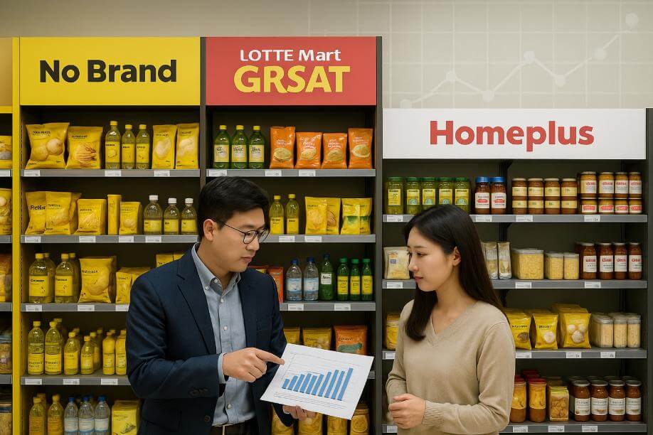 노브랜드&middot;롯데마트&middot;홈플러스 PB 진열대 비교 장면