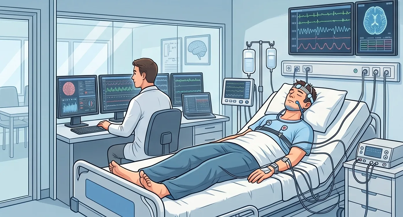 수면 검사실에서 환자가 수면다원검사 장비를 착용하고 누워 있고 신경과 의사가 모니터로 뇌파를 확인하는 모습