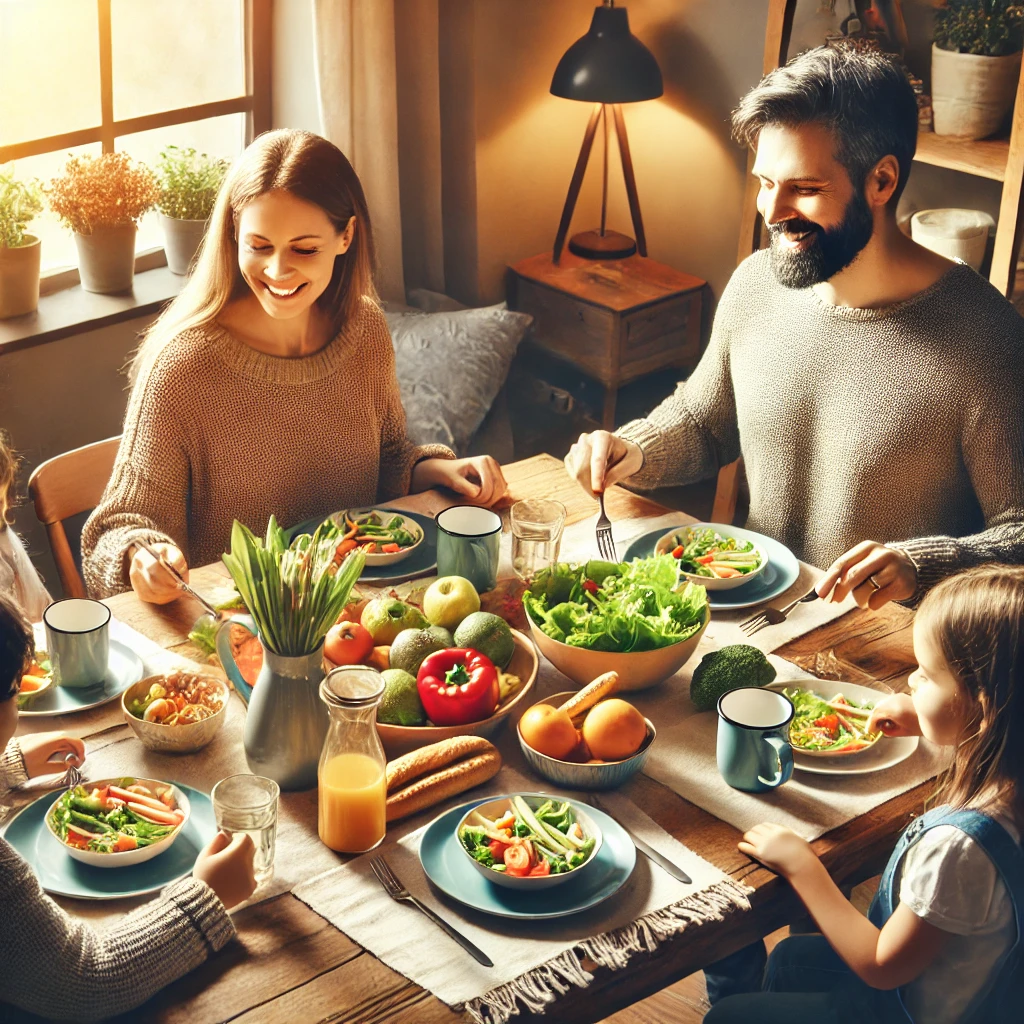 비타민A 가 풍부한 건강한 식탁 앞에서 아버지, 엄마, 딸, 아들이 웃고 있다.