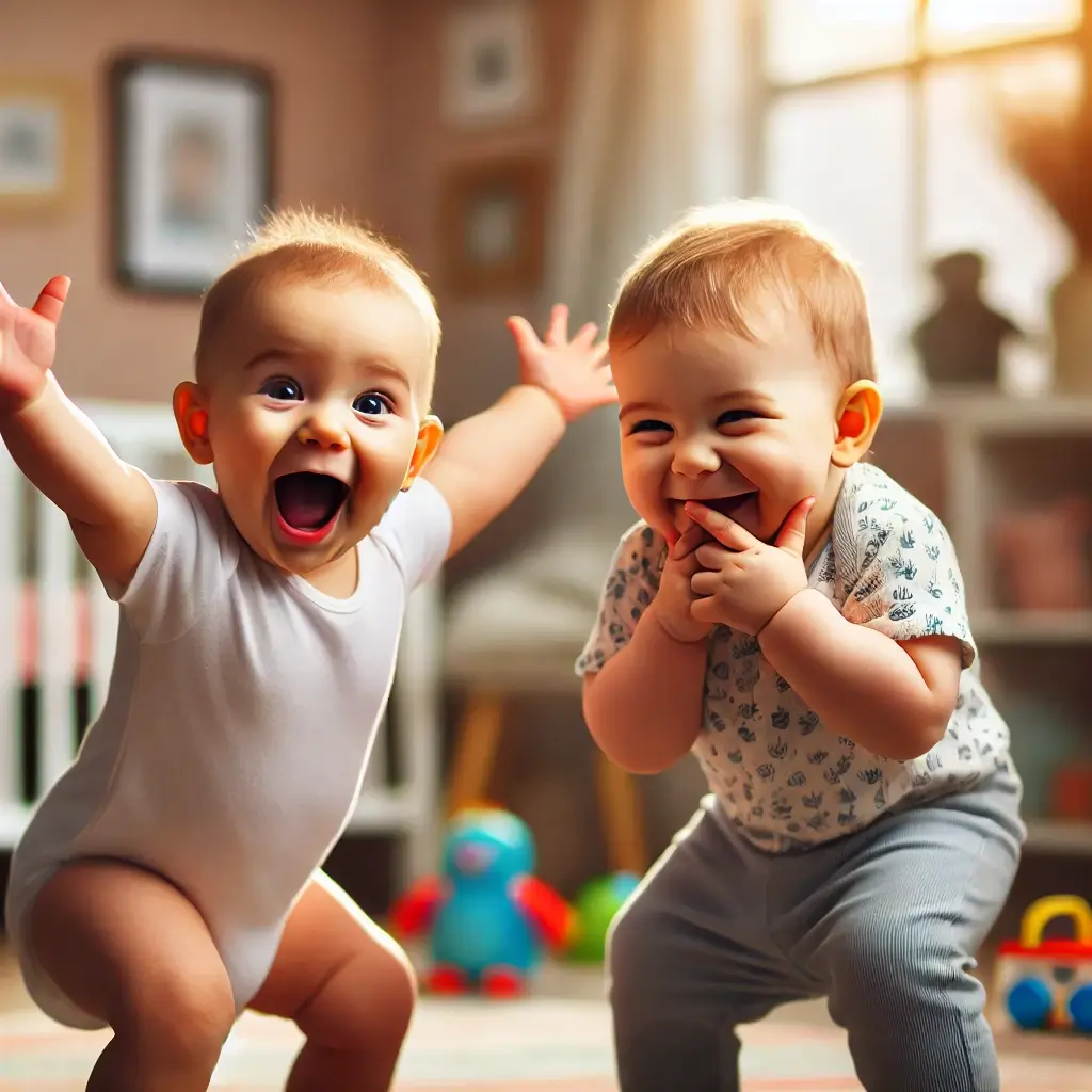 성장 속도가 비슷한 아기 두 명이 모방 행동을 하고 있는 모습