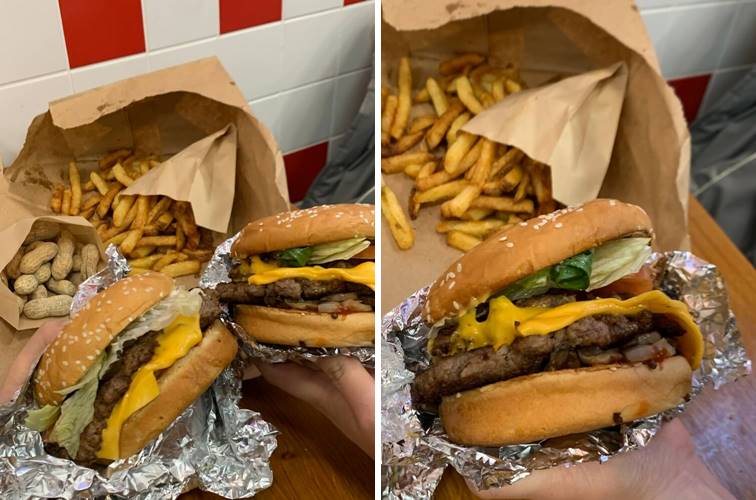 각종 야채와 고기, 치즈가 들어가있는 햄버거 모습