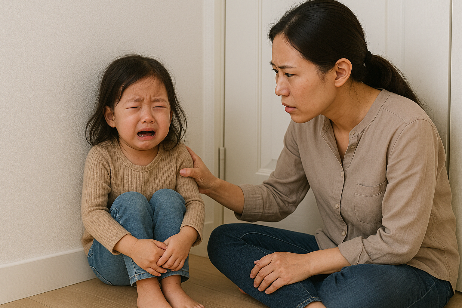 방에서 외출 거부하며 울고 있는 아이를 달래는 엄마의 모습