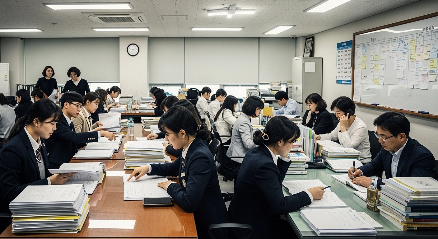 학생과 부모, 선생님이 입시 상담을 하고 있는 장면