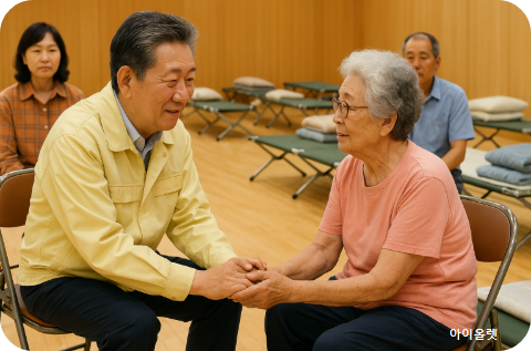 피해 현장의 피해주민 목소리를 경청하는 모습 재현(AI)