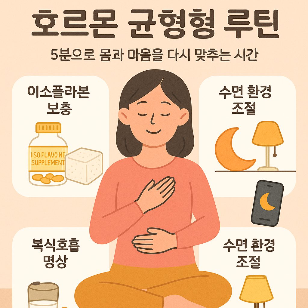 호르몬 균형을 위한 루틴을 소개하는 한국어 인포그래픽 이미지로, 복식호흡 명상, 이소플라본 보충, 수면 조도 조절 루틴이 따뜻한 색감과 함께 묘사된 플랫 스타일 일러스트