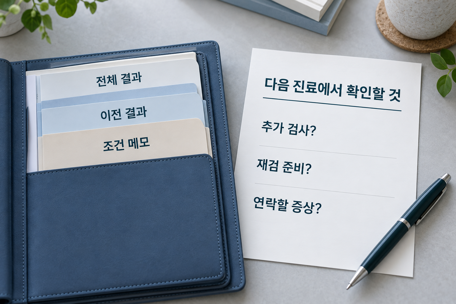 전체 결과&middot;이전 결과&middot;조건 메모 제목이 붙은 서류지갑과 추가검사&middot;재검 준비&middot;연락할 증상 질문지