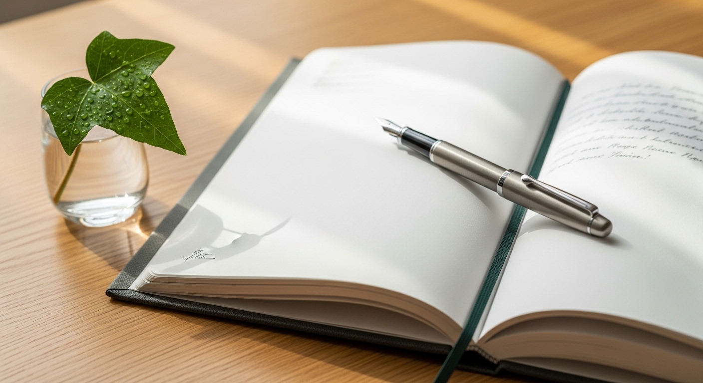 오늘의 소중한 명절 기억을 마음 숲에 기록하기 위해 정갈하게 준비된 다이어리와 펜