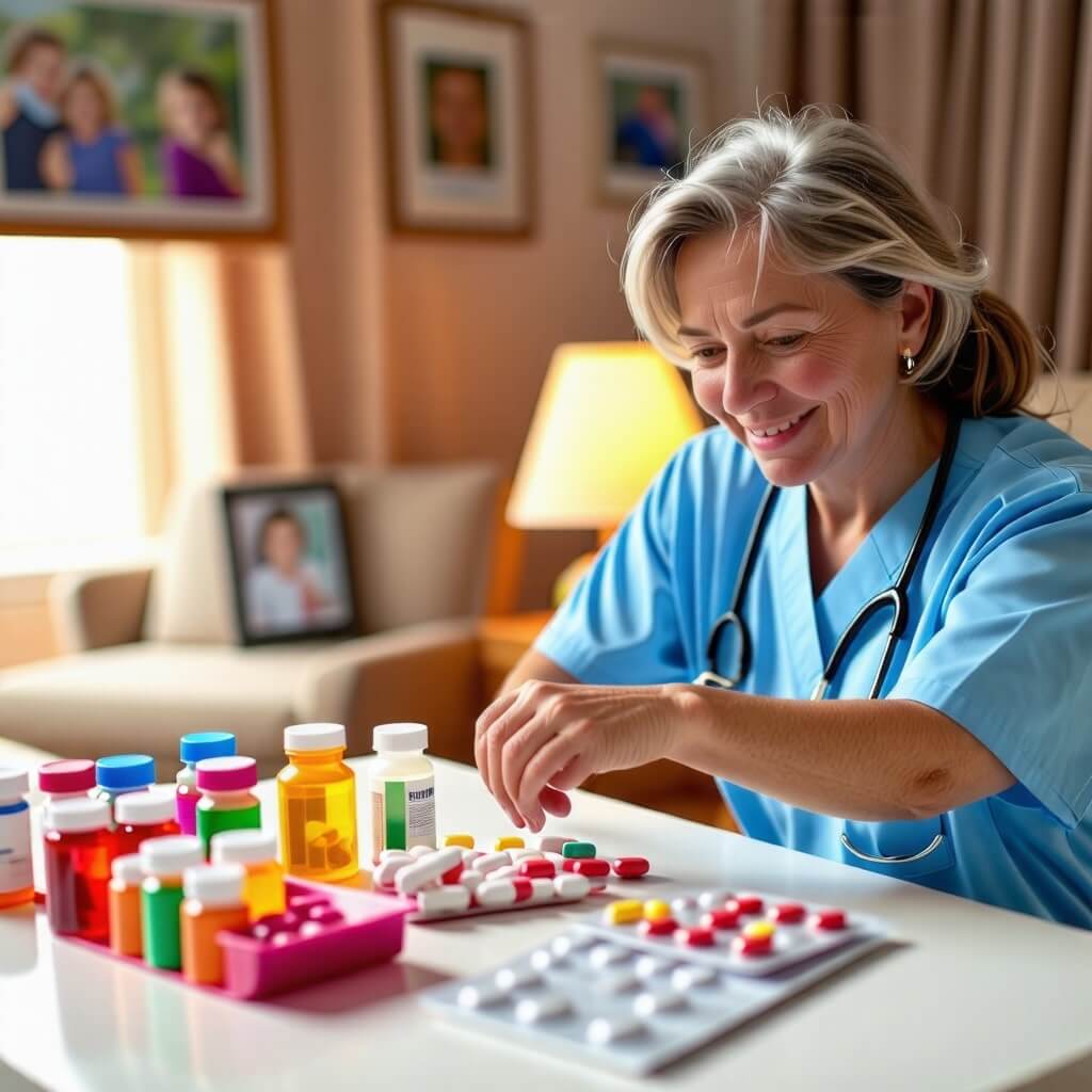요양보호사의 일상: 요양보호사가 노인의 약을 정리하고 있는 모습. 약통과 함께 정리된 약품들이 보이는 장면.