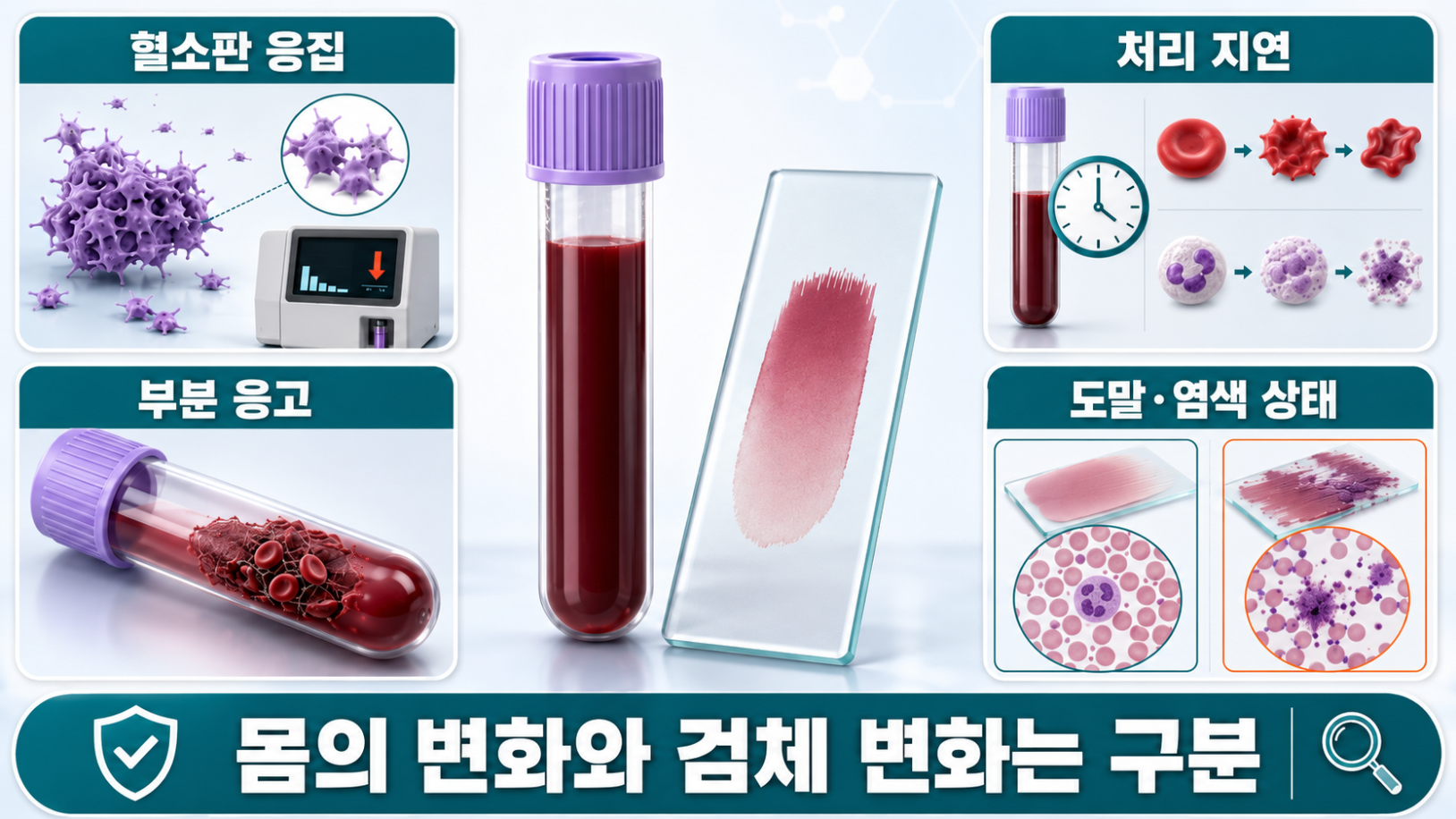 말초혈액도말검사 결과에 영향을 줄 수 있는 혈소판 응집, 부분 응고, 처리 지연, 도말·염색 상태를 설명하는 의료 인포그래픽