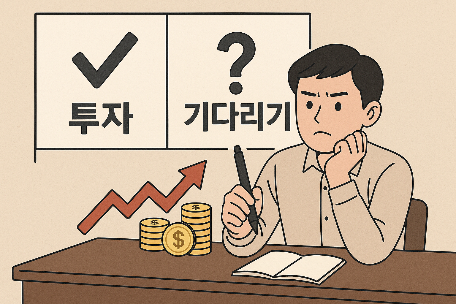 지금 투자와 기다리기 중 무엇이 맞는지 판단하는 이미지