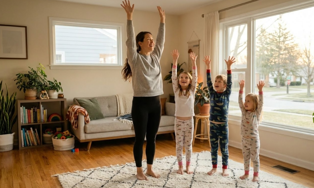 아침에 일어나 엄마와 아이들이 스트레칭 하는 모습