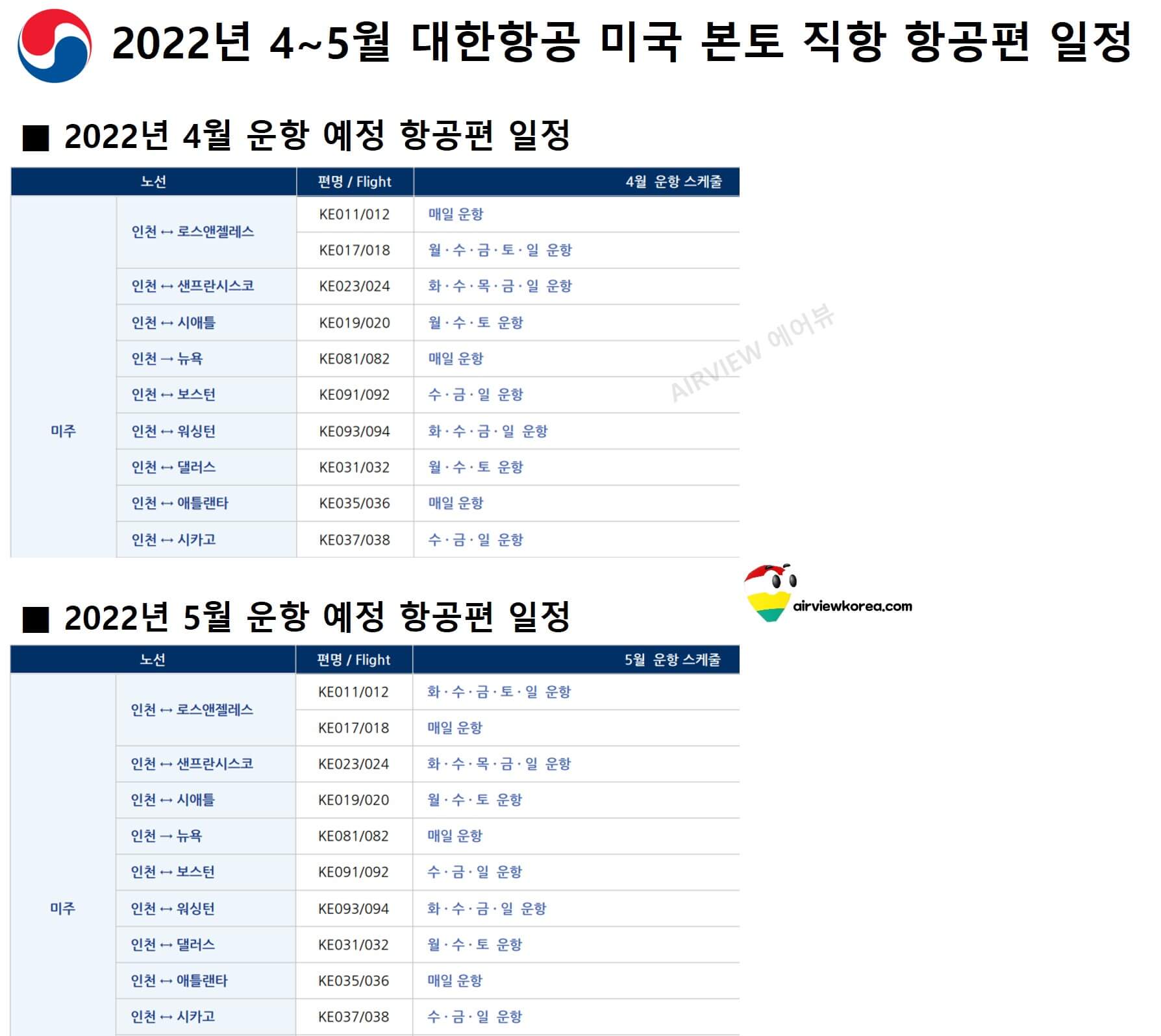 2022년-4월-5월-대한항공-미국-본토-취항-일정표