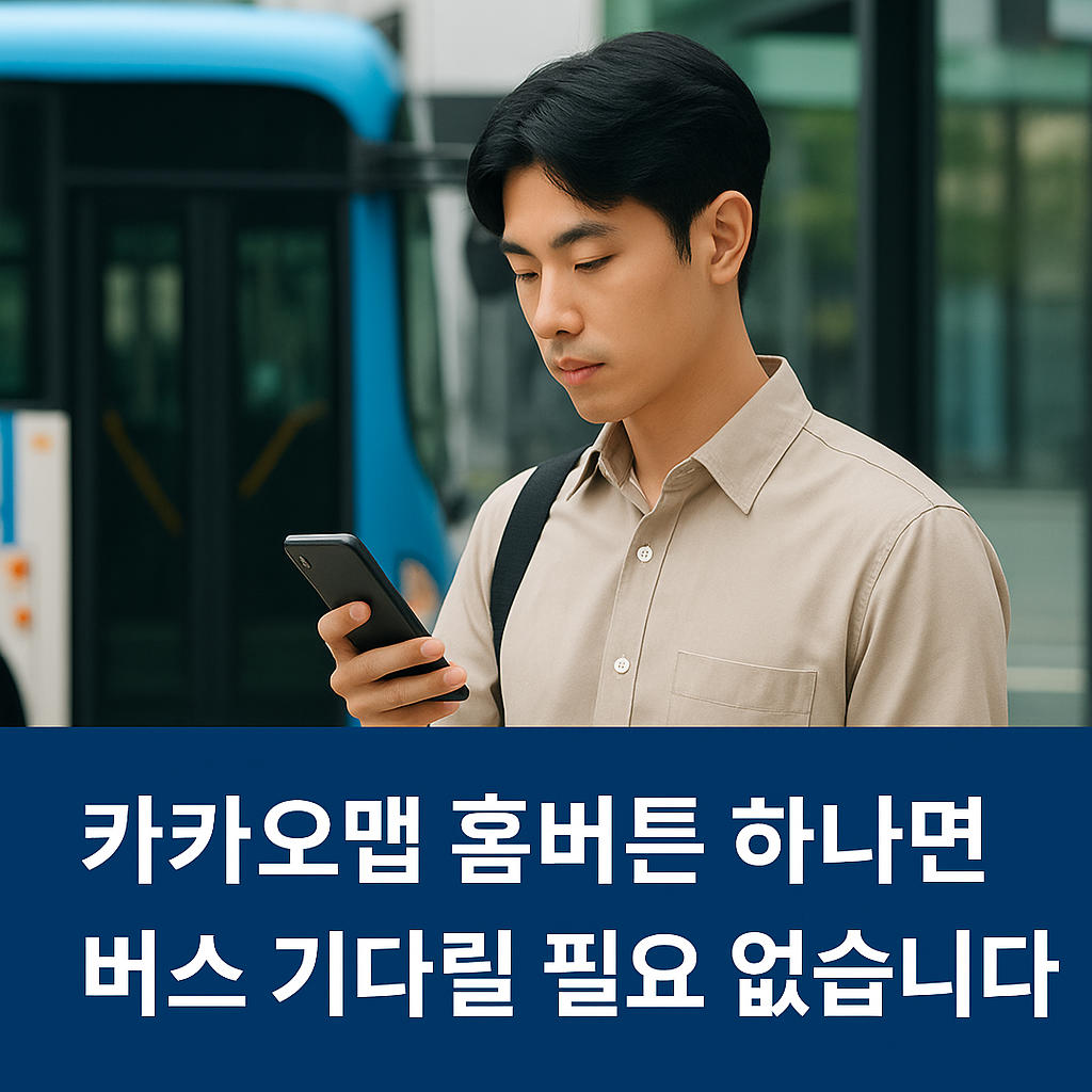 카카오맵 홈버튼 핸드폰으로 확인하며 버스를 기다리는 청년