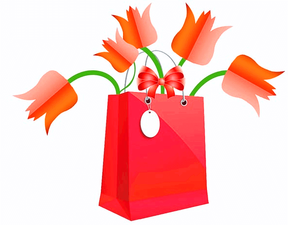 빨간 선물가방이 있고 그 가방 안에 빨간 튤립꽃들이 있다.