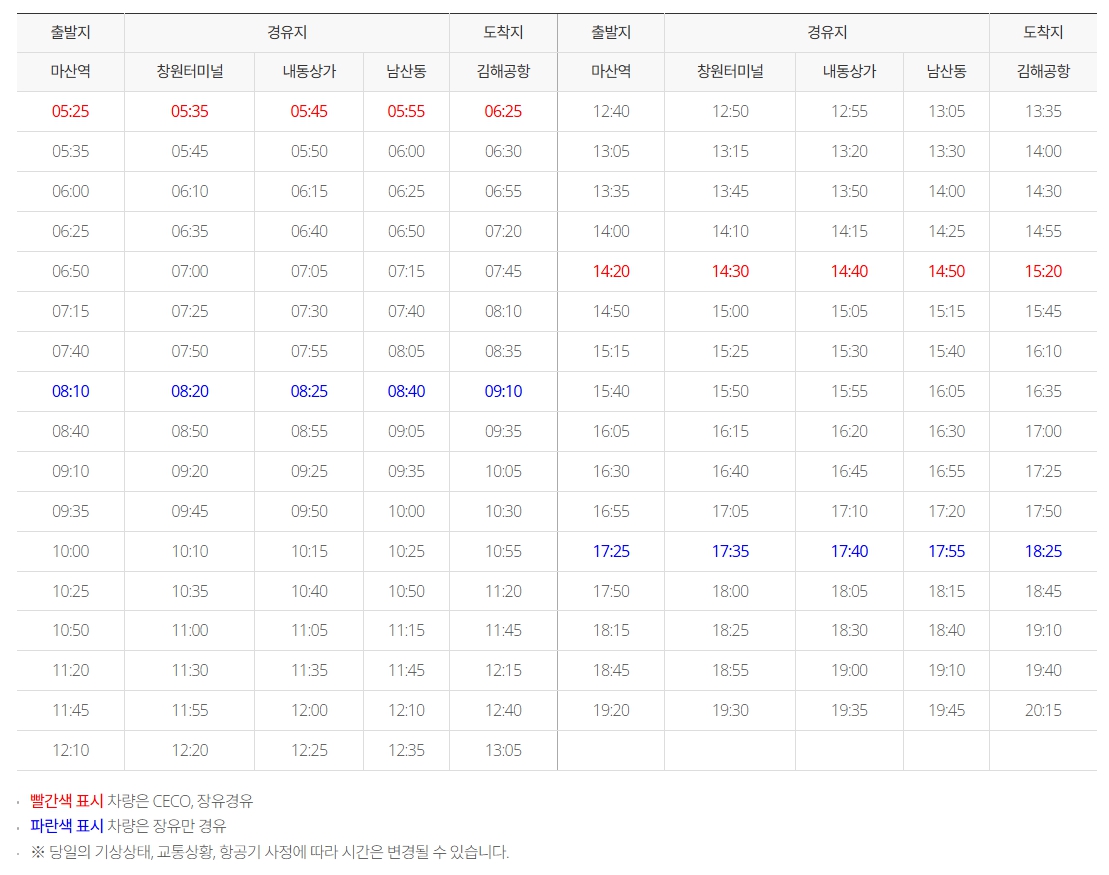 창원 내동상가 김해공항 리무진 버스 노선 시간표 요금 예약방법