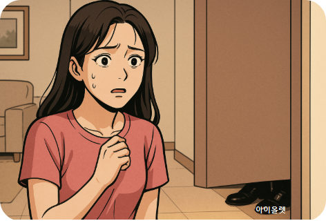 문 아래 틈으로 검은 구두 끝이 멈춰 있었다.