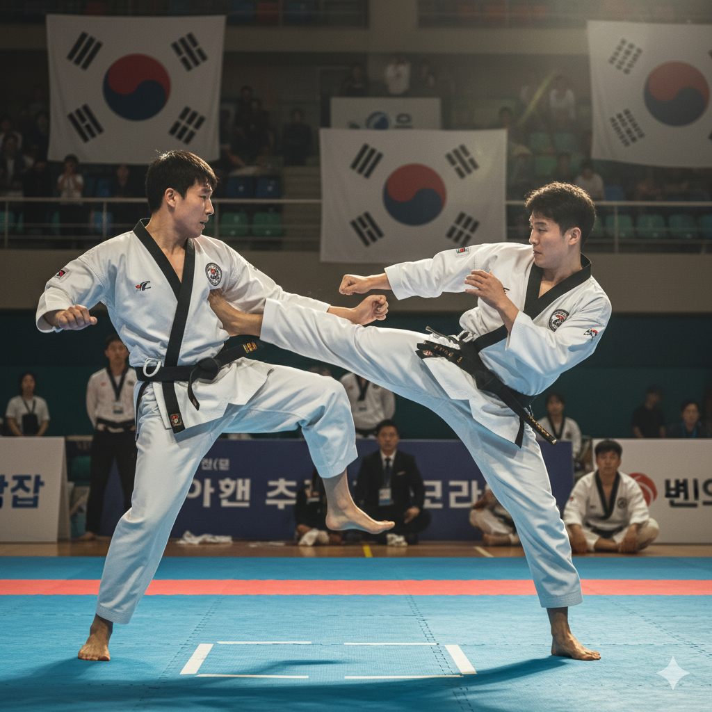 합기도 선수 두 명이 경기장에서 경기를 펼치는 역동적인 모습