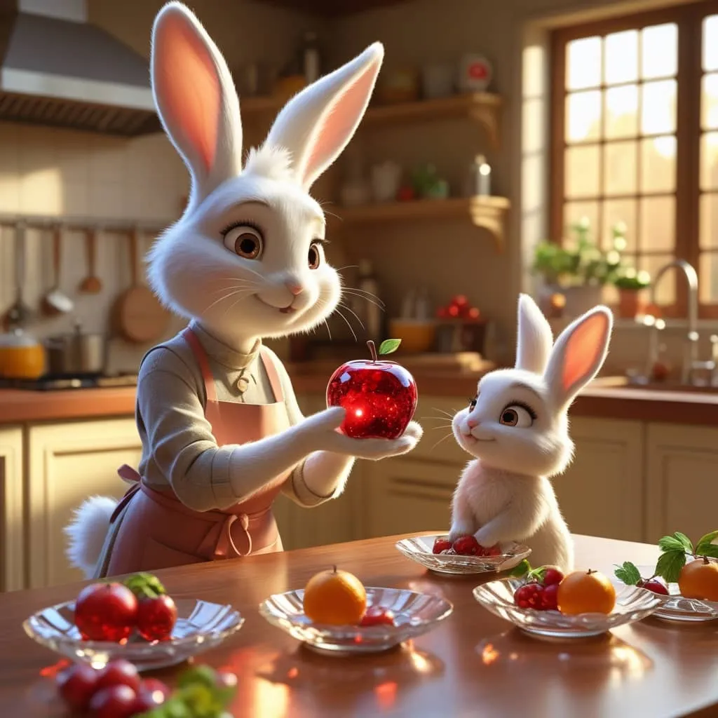 엄마 토끼가 반짝이는 유리 사과를 들고 아기 토끼에게 보여주는 따뜻한 부엌 장면. AI 도구 VEO3로 생성된 유리과일 먹방 콘텐츠 예시로, 감성적인 동물 캐릭터와 투명한 과일이 동화적인 분위기를 연출함. (glass fruit AI mukbang, rabbit family, VEO3 generated image)
