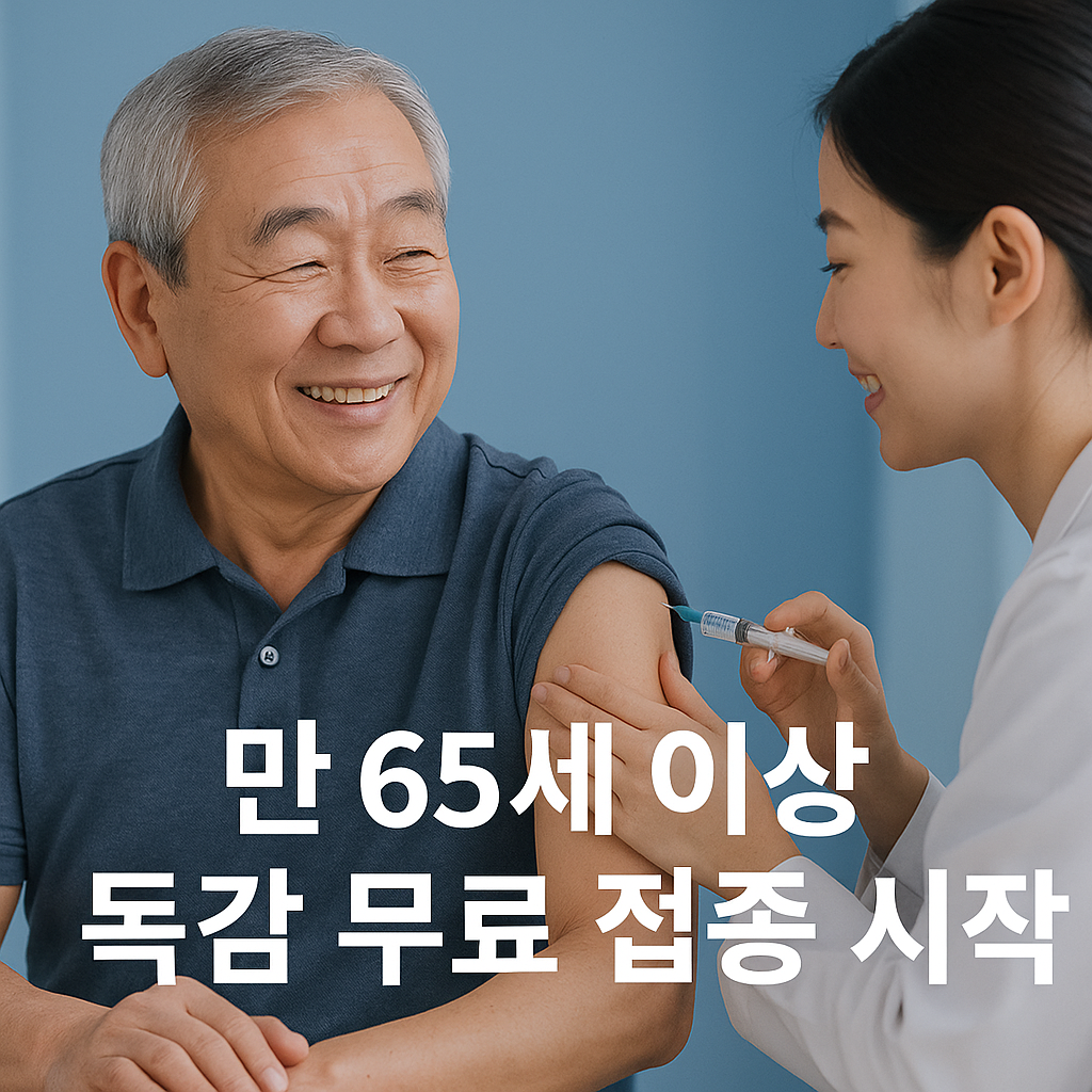 한국인 어르신이 의료진에게 독감 예방주사를 맞는 장면 &ndash; 만 65세 이상 무료 접종 안내 이미지