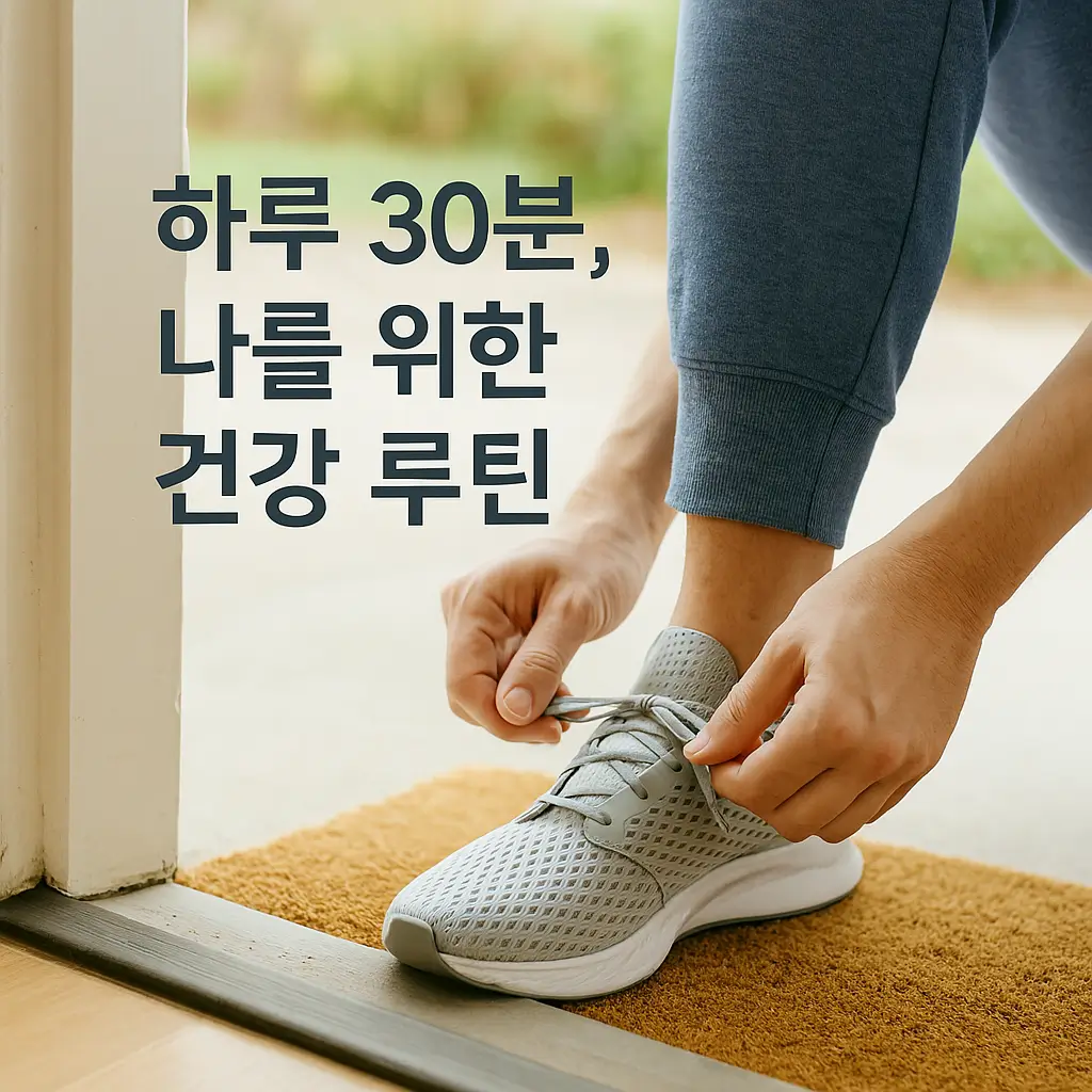 운동화를 신는 사람의 클로즈업 이미지, 현관 앞에서 걷기를 시작하려는 순간과 '하루 30분, 나를 위한 건강 루틴' 문구가 담긴 장면