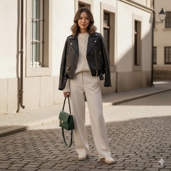 소재 믹스 매치 코디 예시, 가죽 재킷과 니트