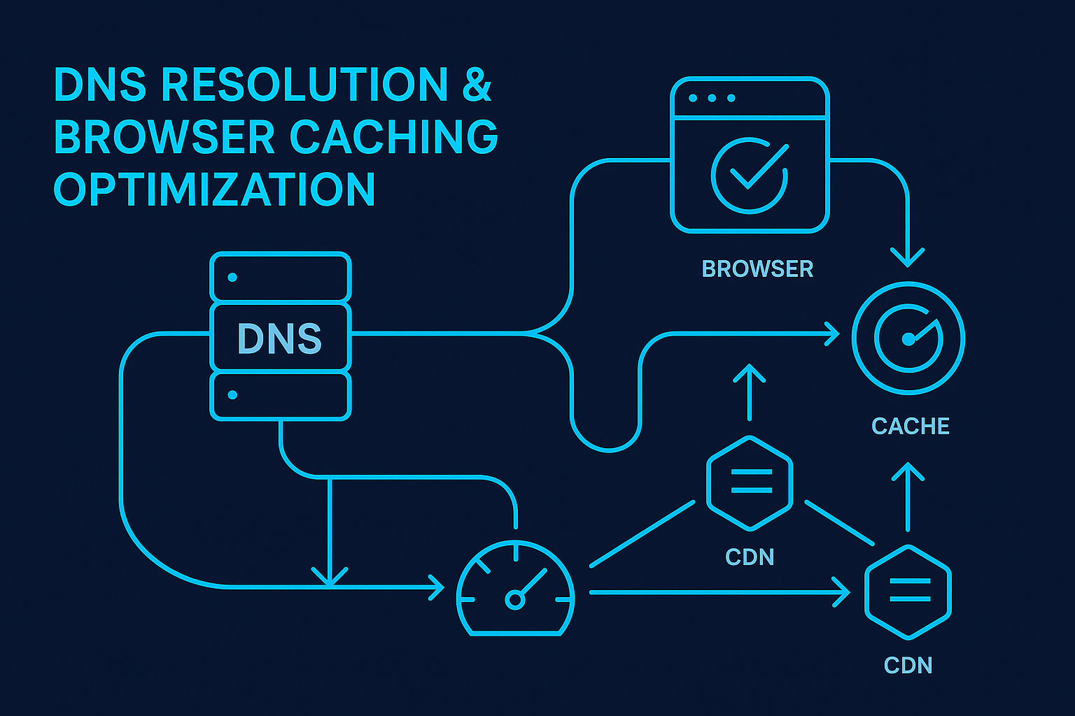 DNS resolution process and browser caching optimization workflow diagram for web performance enhancement