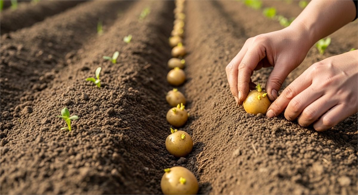 고랑에 씨감자를 얕게 심는 장면의 클로즈업