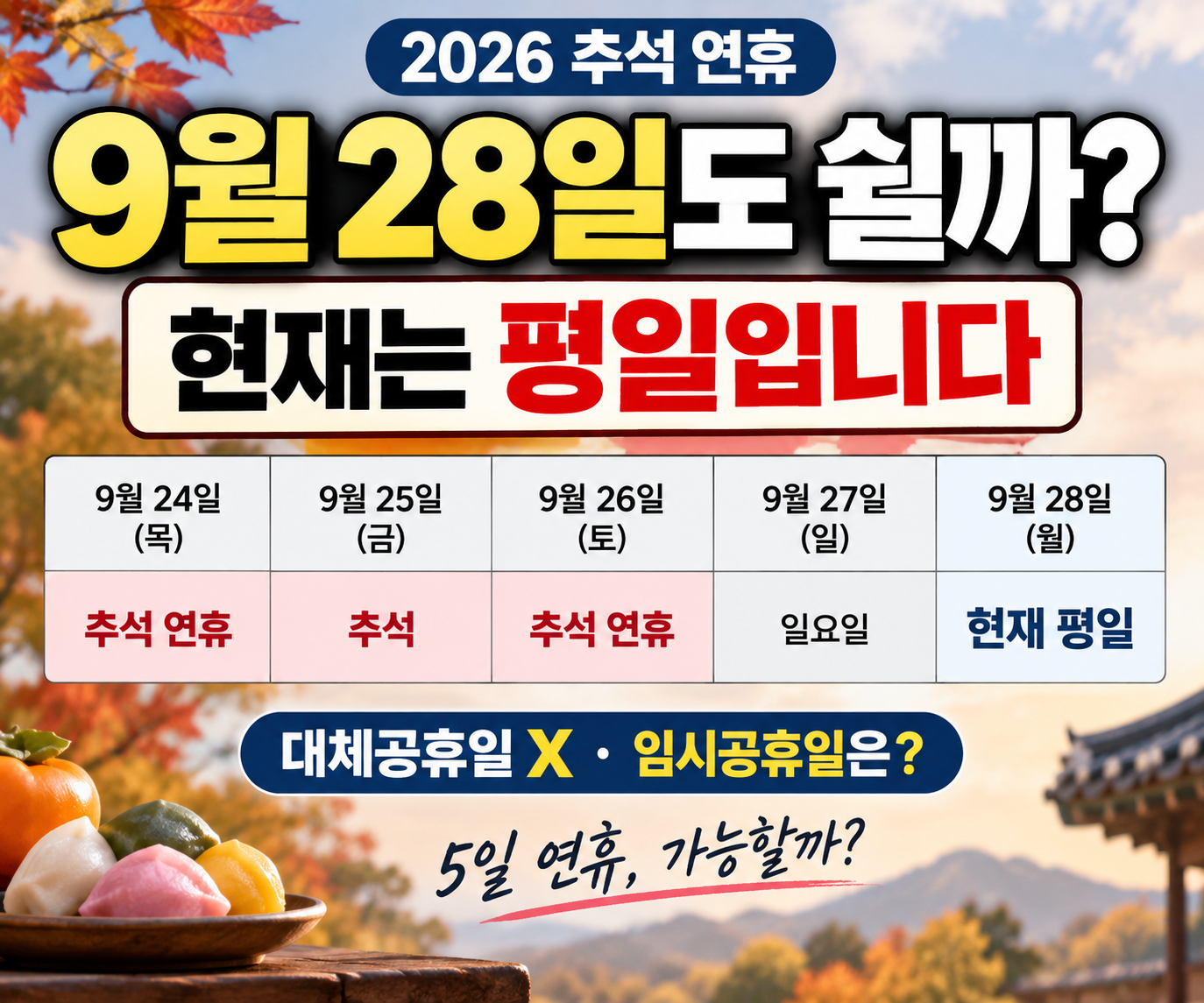 2026 추석 연휴 9월 28일 임시공휴일 여부와 대체공휴일을 정리한 이미지