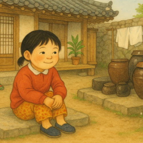 전통 기와집 앞에 앉아 있는 주인공