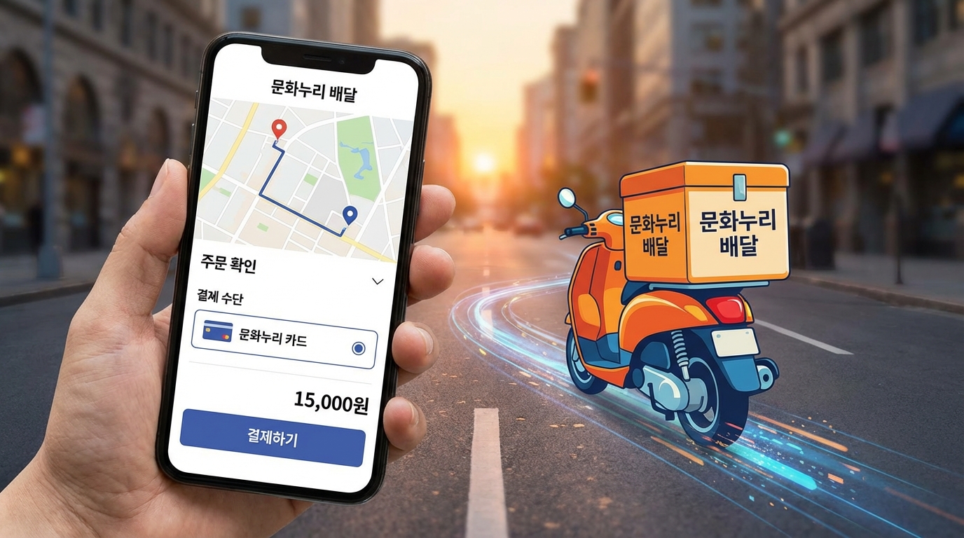 스마트폰 배달 앱 결제 화면과 배달 오토바이 이미지