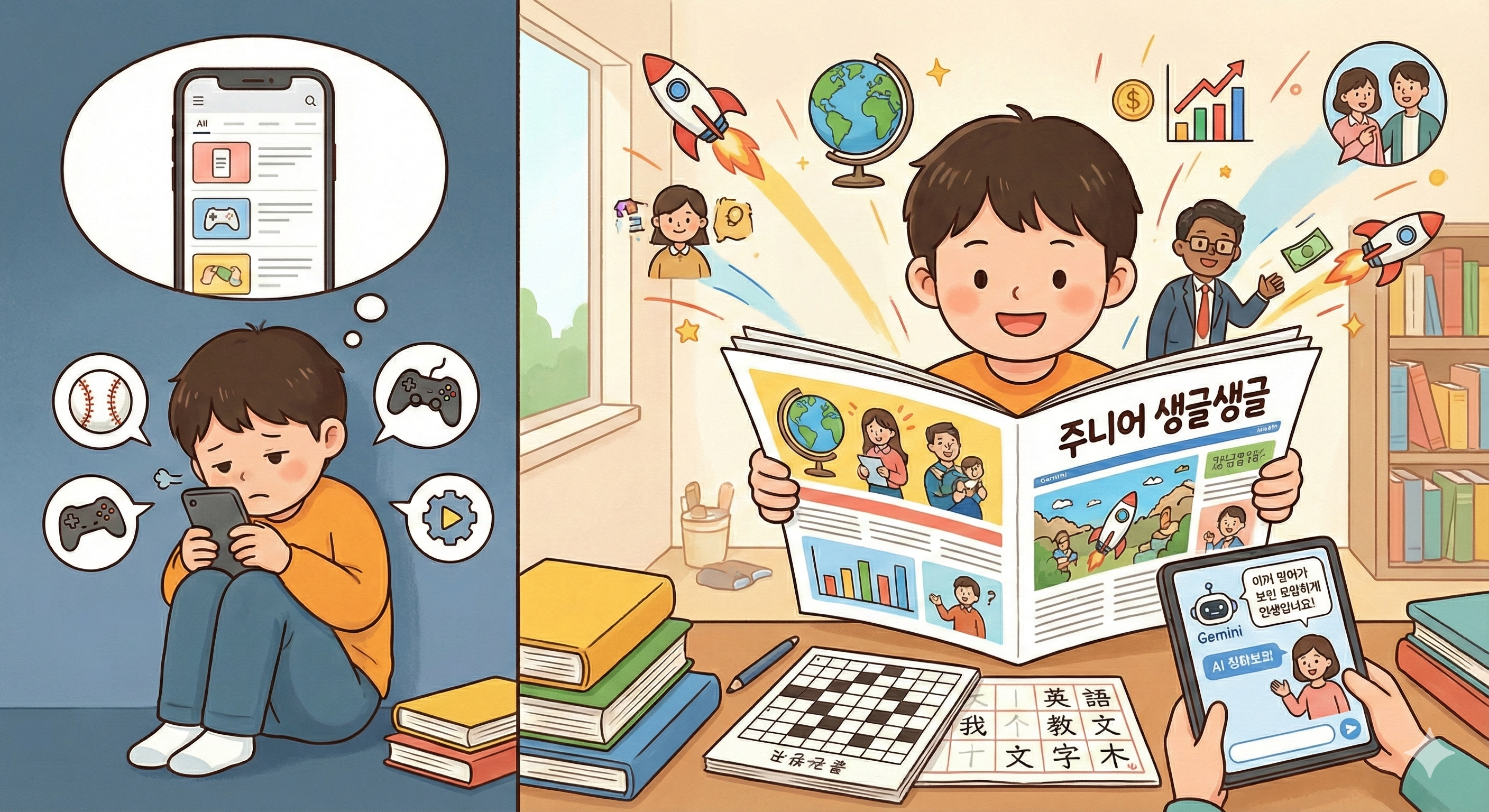 유튜브 알고리즘에 빠진 아이와 신문을 통해 견문을 넓혀가는 아이 비교